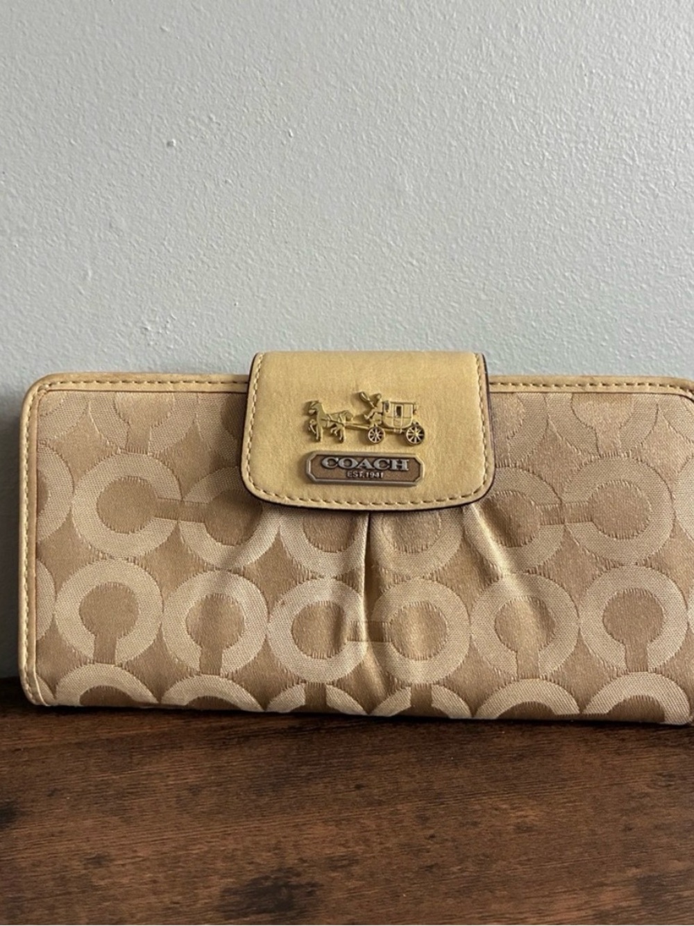 Coach Beige Signature Canvas Continental Wallet with Gold Logo